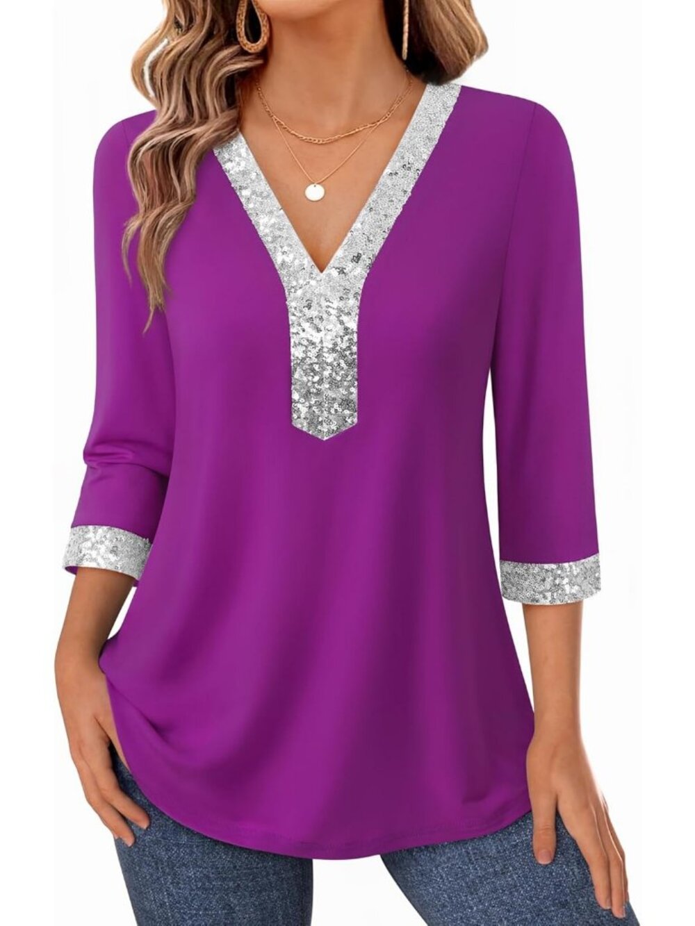 Women's Deep Plum Sequin V Neck Blouse Casual Outfit 3/4 Sleeve Tunic Party Top